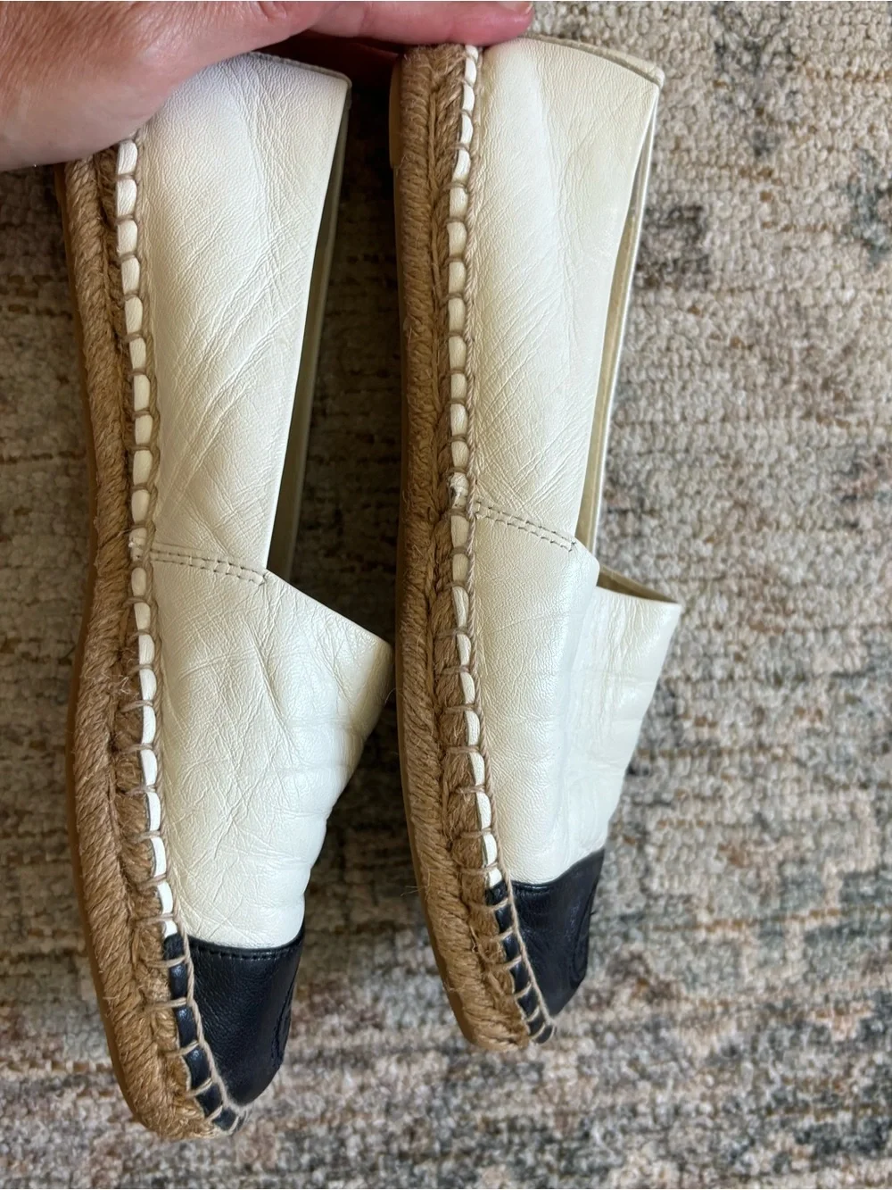 Tory Burch White Leather Espadrille Flats with Black Cap Toe 5
